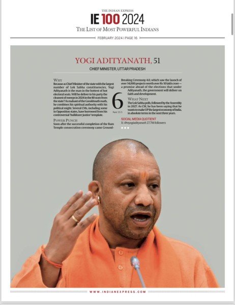 योगी आदित्यनाथ भारत के 6ठवें सबसे ताकतवर व्यक्ति हैं
